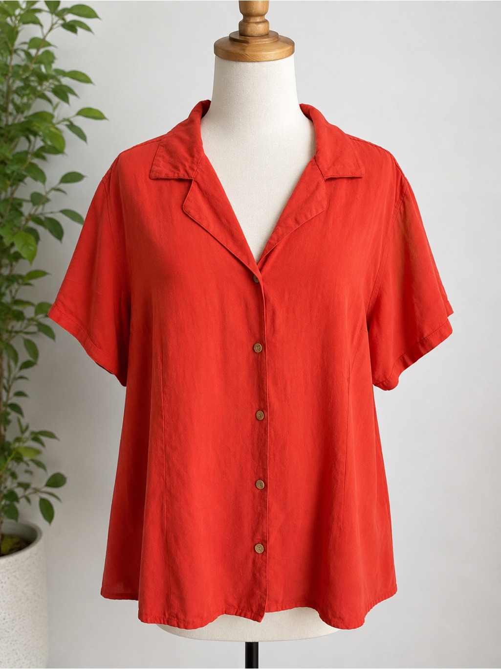 Valerie Stevens Casual 3x 100% Silk Blouse Coral Red Button Front Short Sleeve